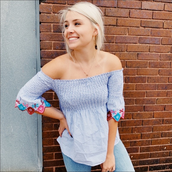 LOFT Tops - LOFT off the shoulder pinstripe top blue white
